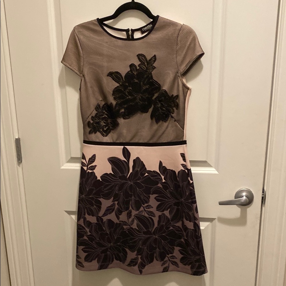 Tan and Black Sheath Midi Dress for Cocktail Events